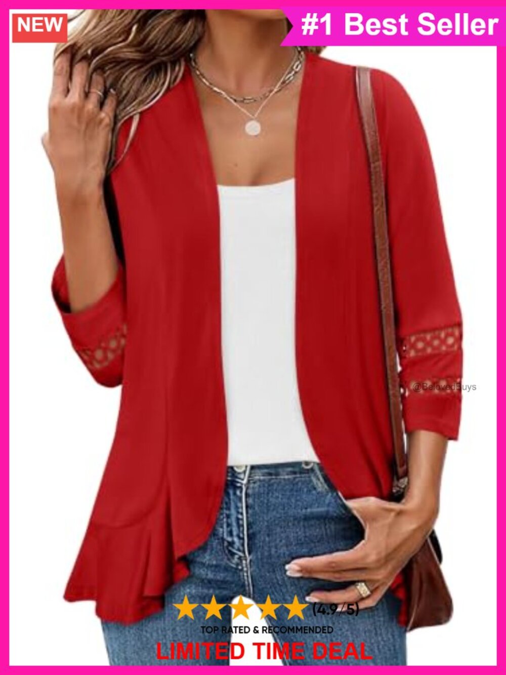 Lightweight 3/4 Sleeve Kimono Cardigan Open Front Ruffled Casual